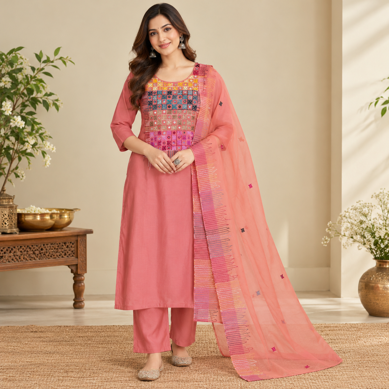 Coral Pink Embroidered Kurta Set with Dupatta – Ananta Drapes
